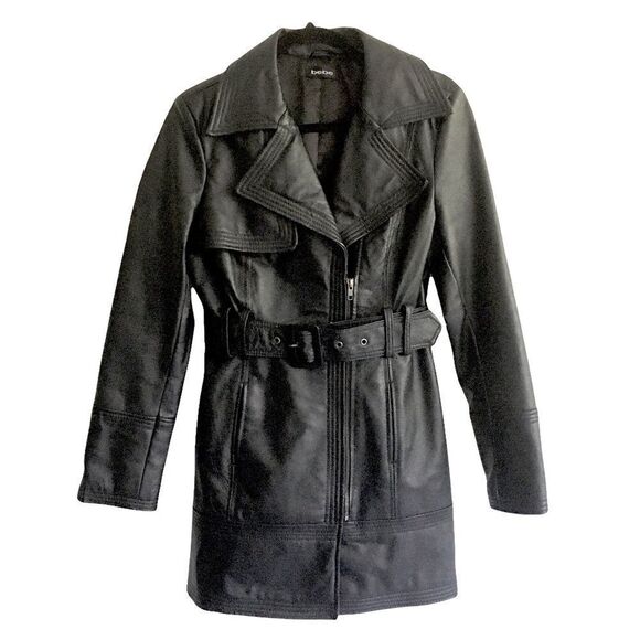 BEBE Leather Moto Fall Winter Trench Belt Black M - Picture 1 of 9